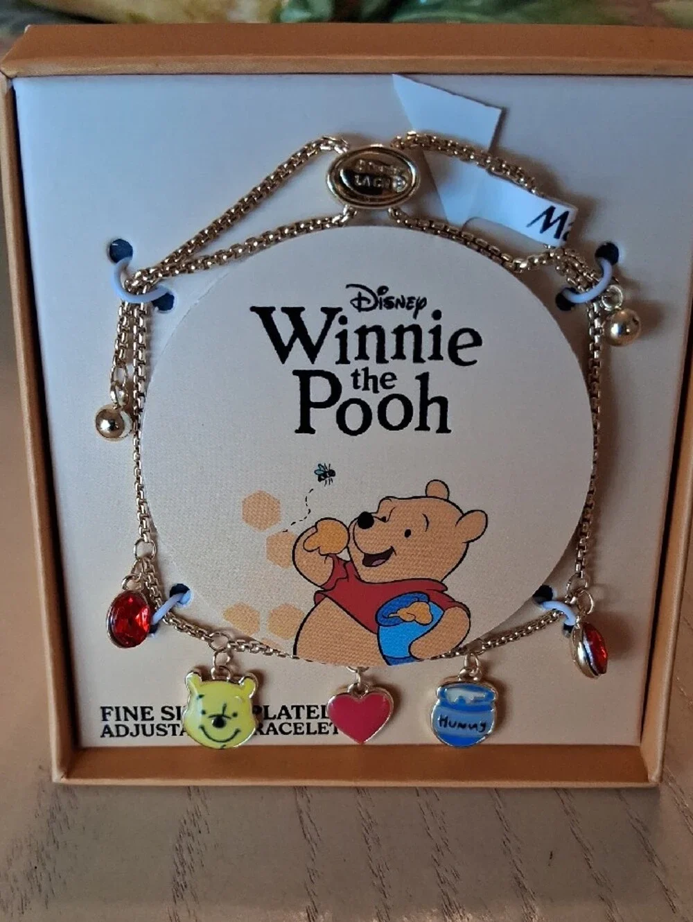 Disney Winnie the Pooh Gold Charm Bracelet W/ Red & Blue Accents.NWT. Super Cute